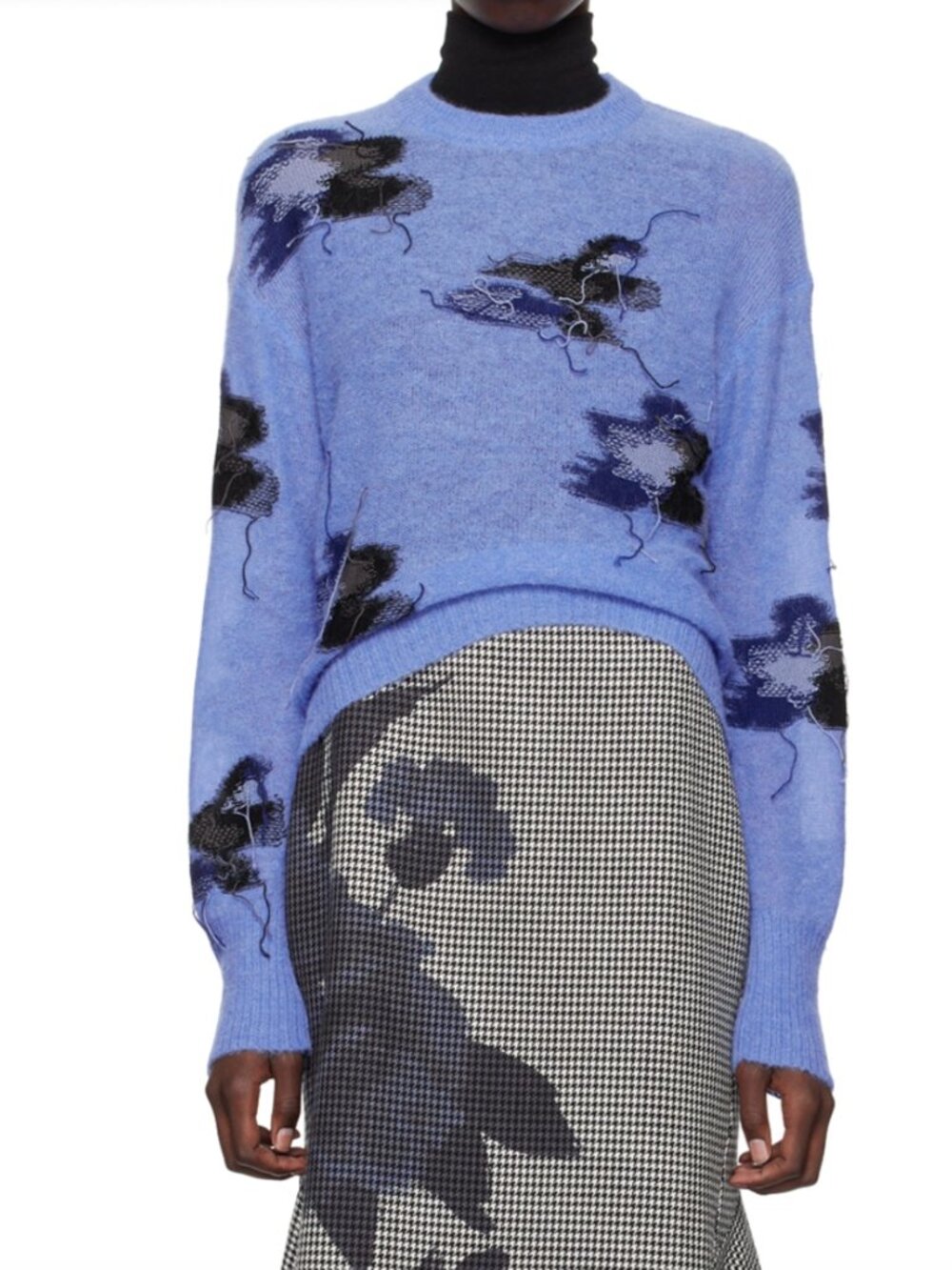$895 Erdem Blue Intarsia Crew Neck Raw Thread Sweater size Large